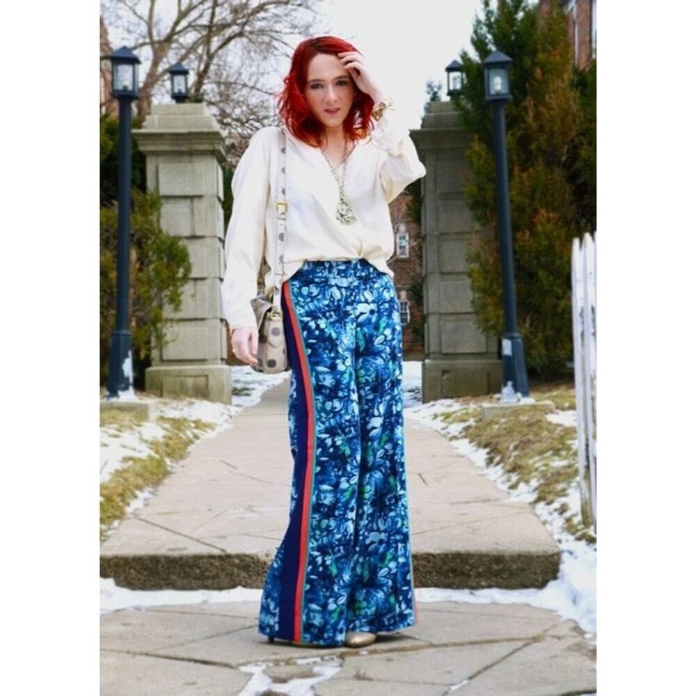 LOFT Blue Floral Wide Leg Pants with Red Stripe